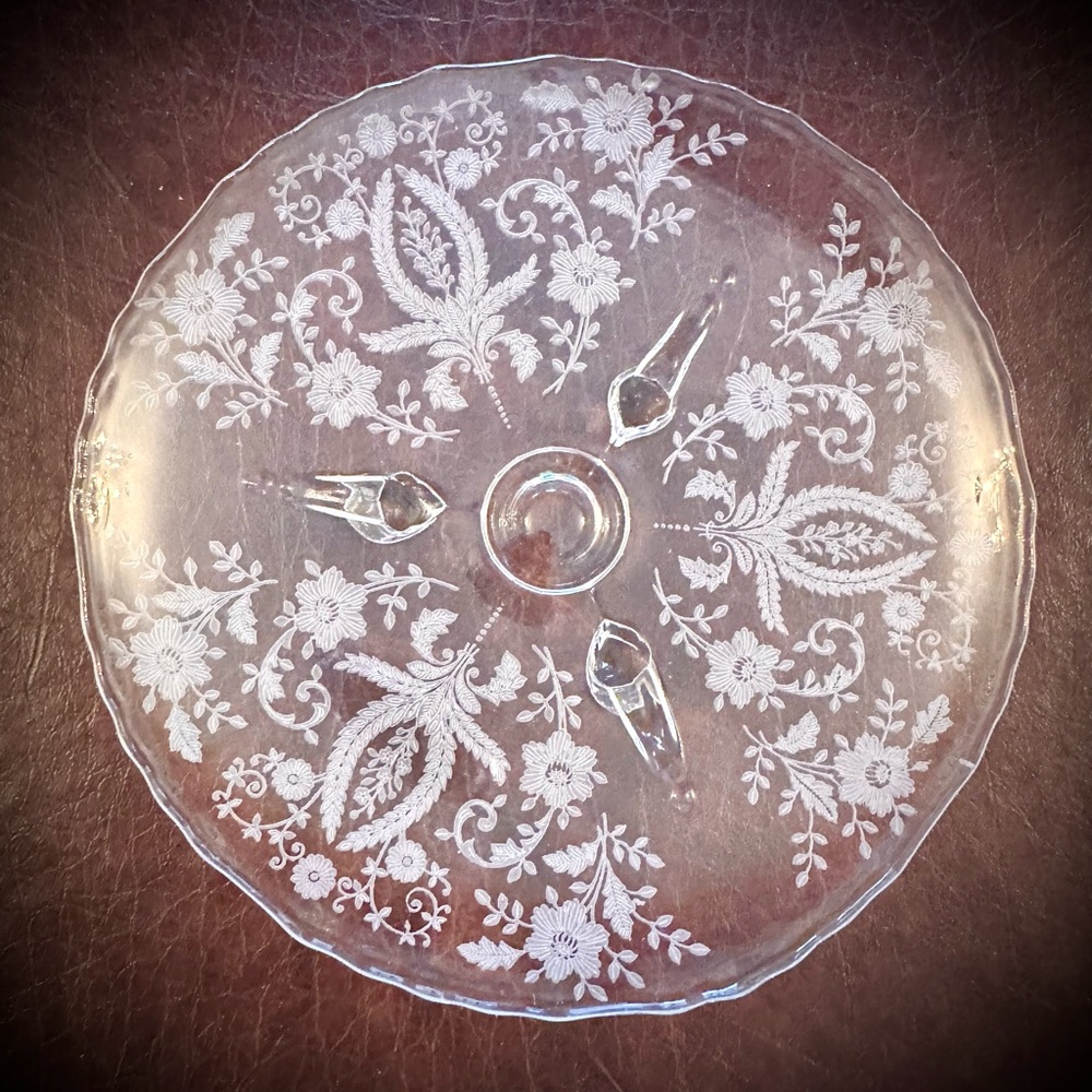 Rare Find Vintage Clear Depression Glass, Etched Flowers, 3 footed Console-1920s